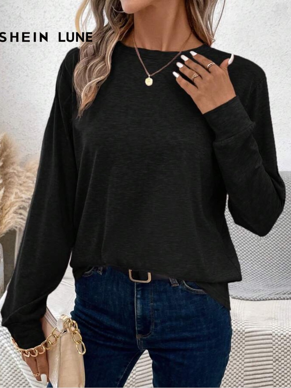 SHEIN Black Long-Sleeve Casual Tee
